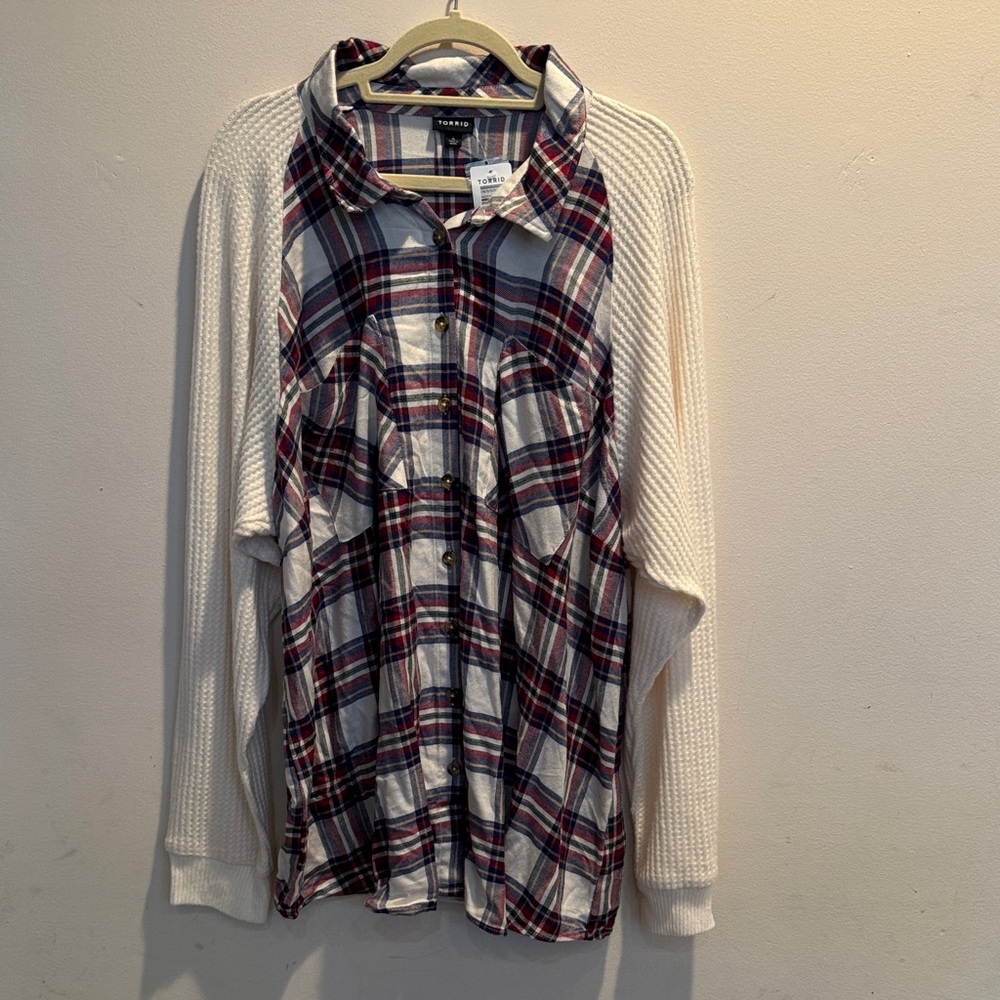 Torrid Plaid Button-Up Shirt with Cream Sleeves